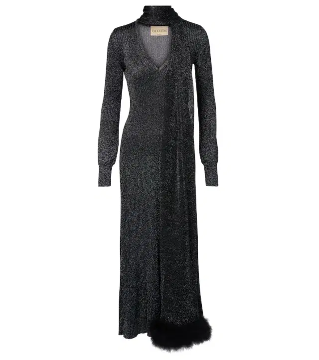 Feather-trimmed lamé maxi dress