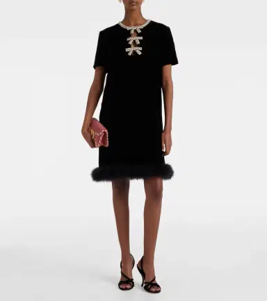 Valentino Embellished feather-trimmed velvet minidress | Thumbnail 2