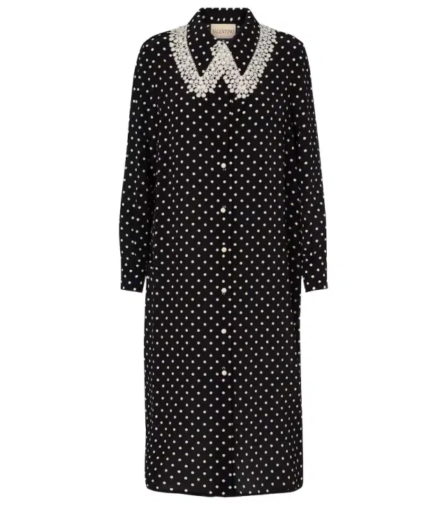 Valentino Polka-dot lace-trimmed silk shirt dress