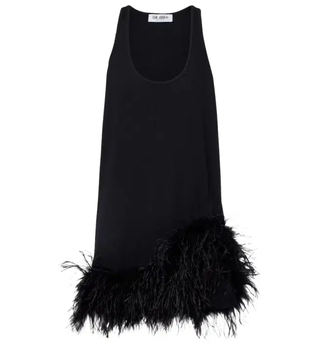 Ribbed-knit feather-trimmed cotton minidress