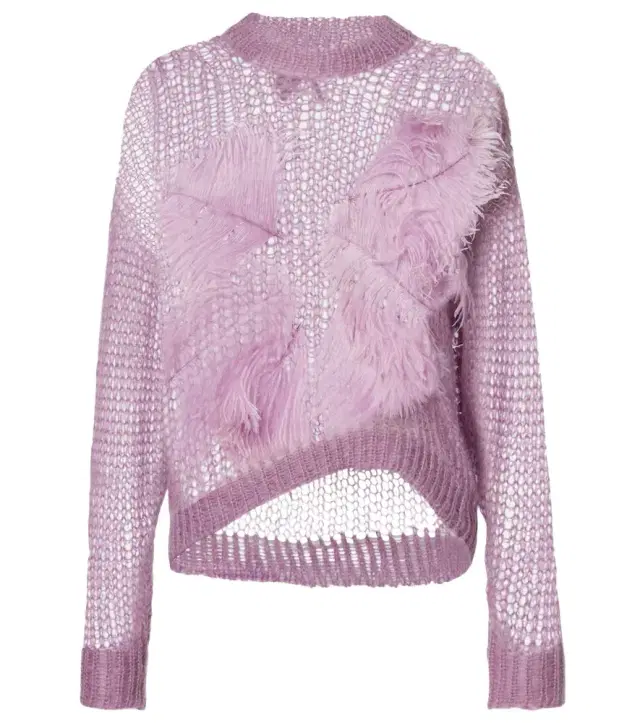 Feather-trimmed open-knit mohair-blend sweater