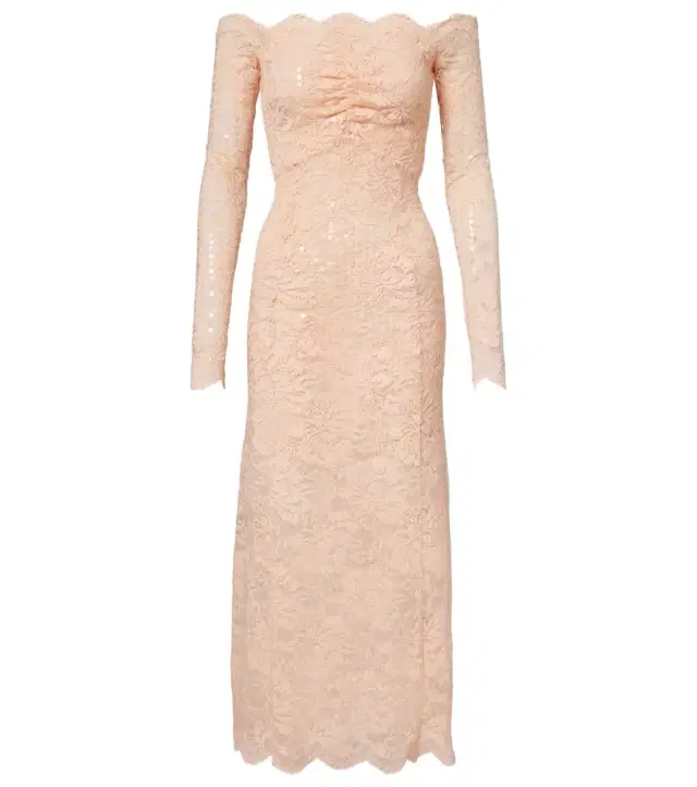 Sequined off-shoulder lace midi dress