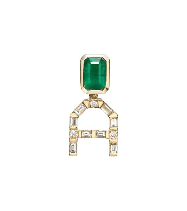 18kt gold single drop earring with diamonds and emerald