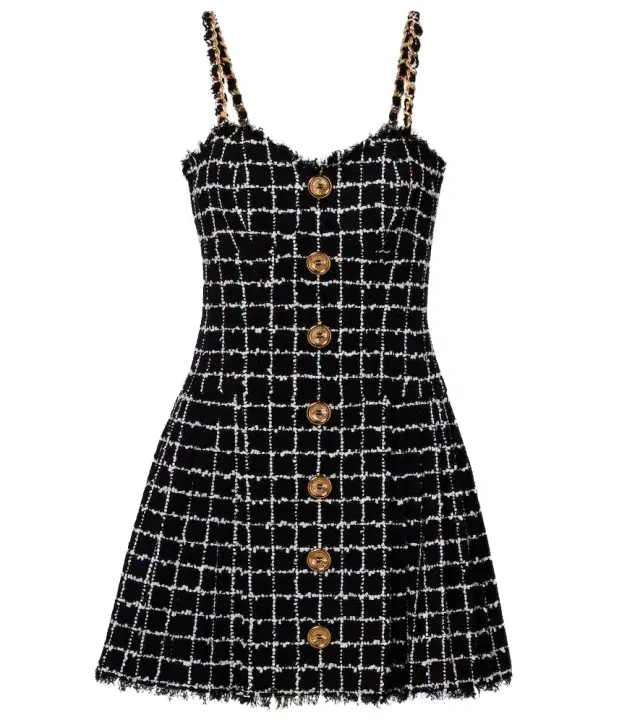 Chain-detail checked tweed minidress