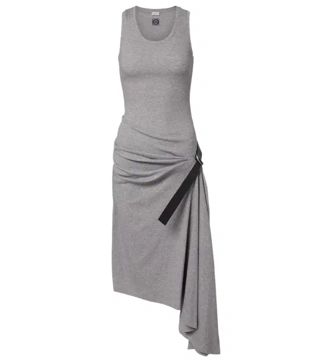 Belted ribbed-knit draped cotton-blend midi dress