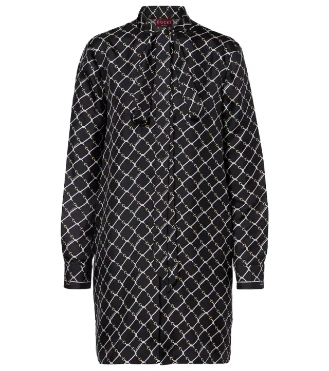 Printed tie-neck silk minidress