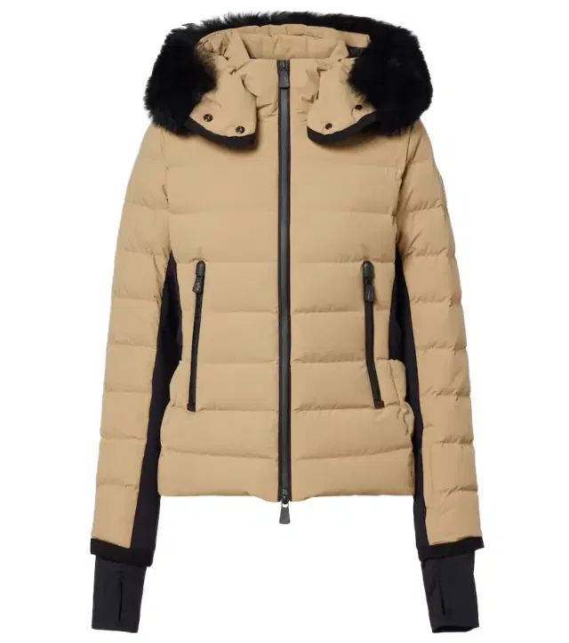 hearling-trimmed hooded down ski jacket