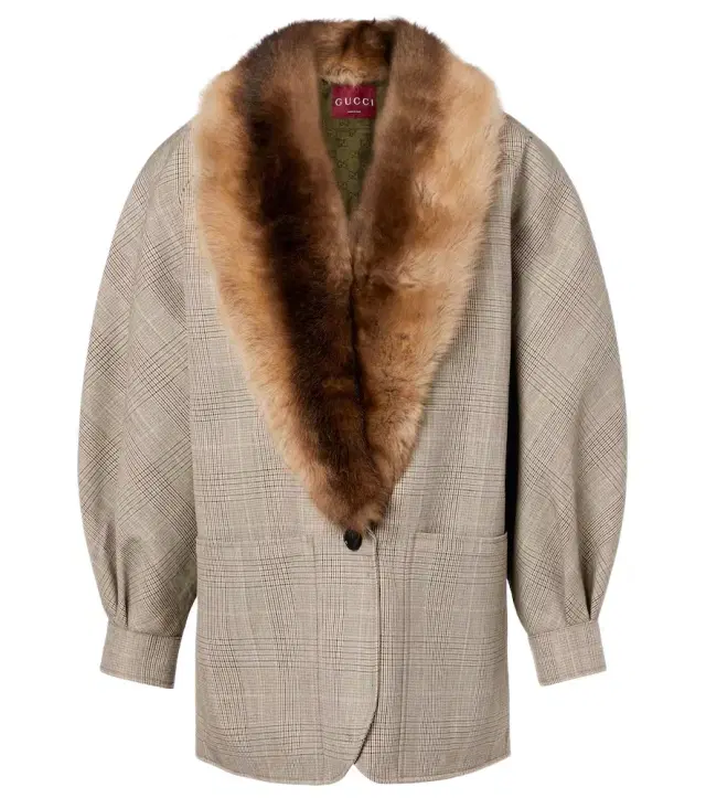 Checked shearling-trimmed wool jacket