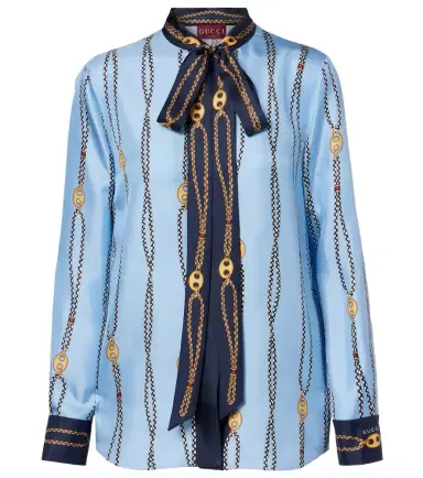 Gucci Printed tie-neck silk twill shirt | Thumbnail 1 Gucci Printed tie-neck silk twill shirt | Thumbnail 1