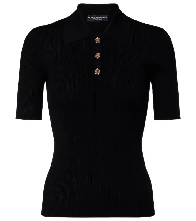Embellished ribbed-knit polo shirt