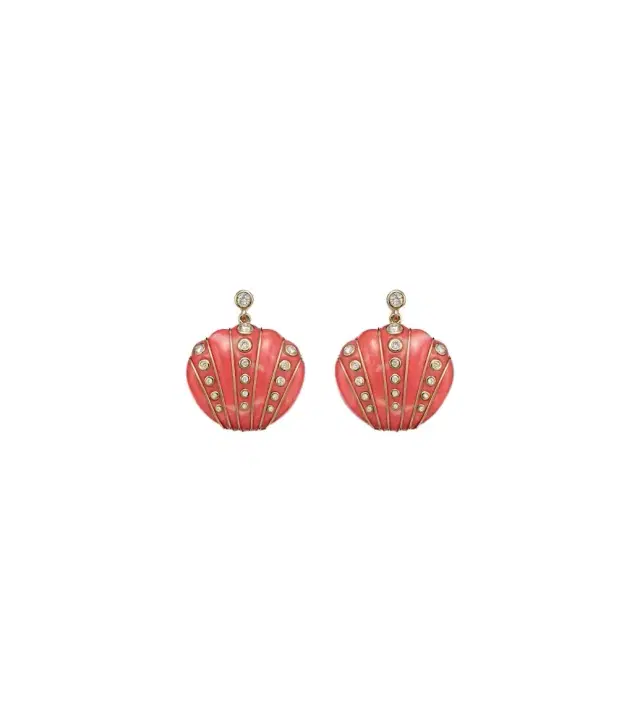 Yvonne Léon Coquillage Corail 9kt gold earrings with diamonds and coral