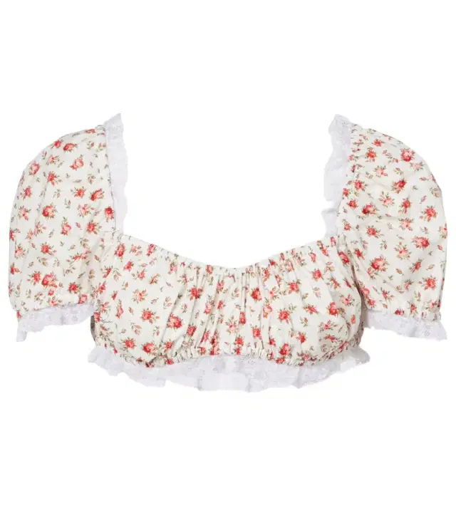 Floral lace-trimmed cotton poplin crop top