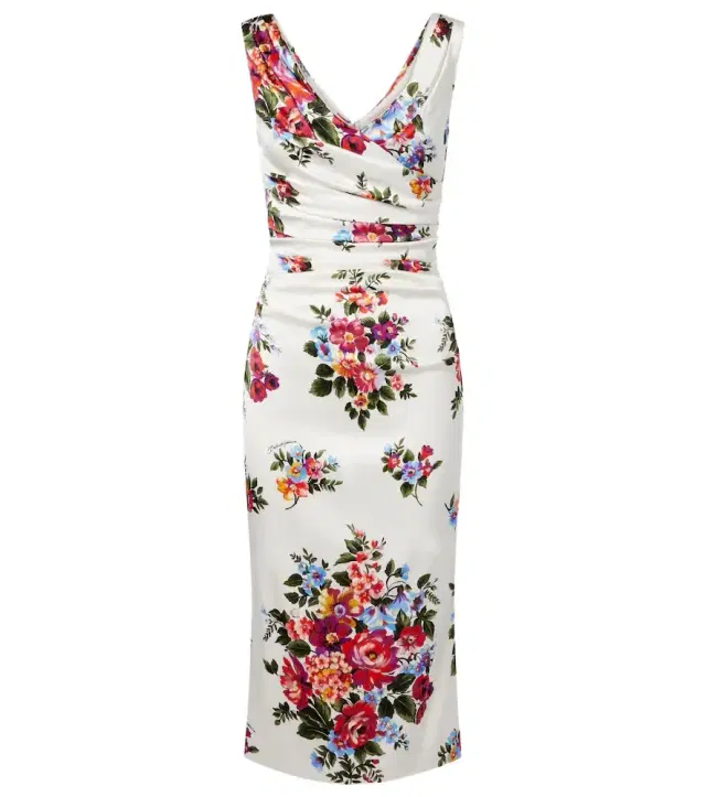 Draped floral satin midi dress