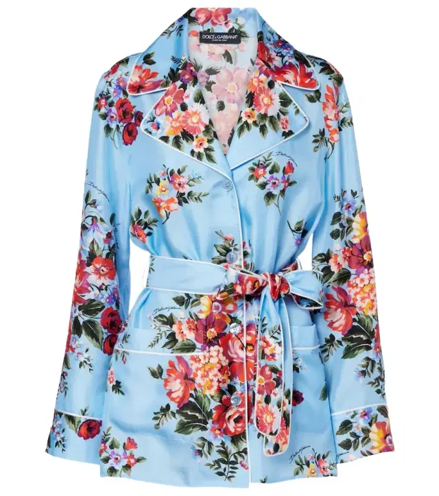 Floral belted silk blouse