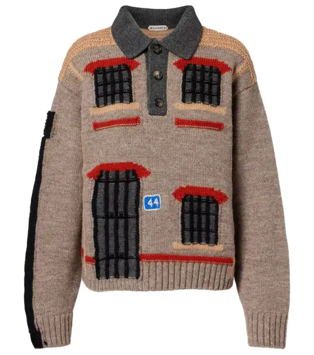 Wool intarsia jacquard polo sweater
