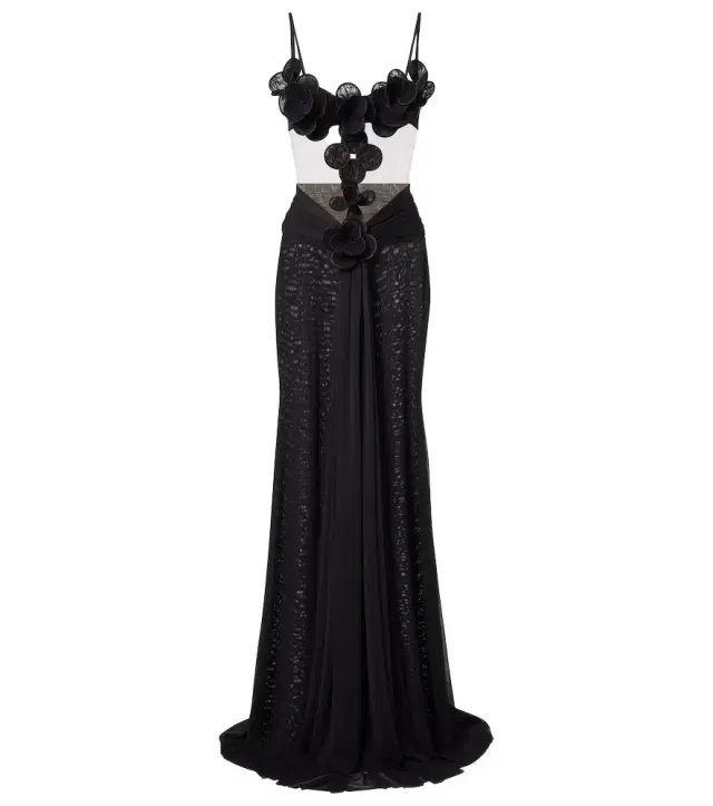 Floral-appliqué mesh gown