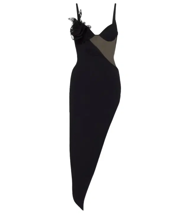 Asymmetric cutout floral-appliqué midi dress