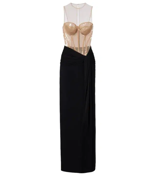 Sequined paneled bustier gown