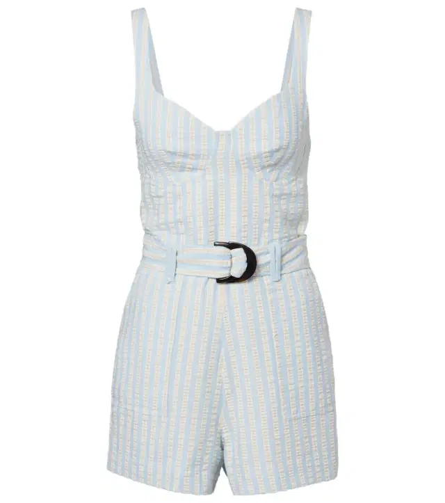 Striped cotton-blend seersucker romper