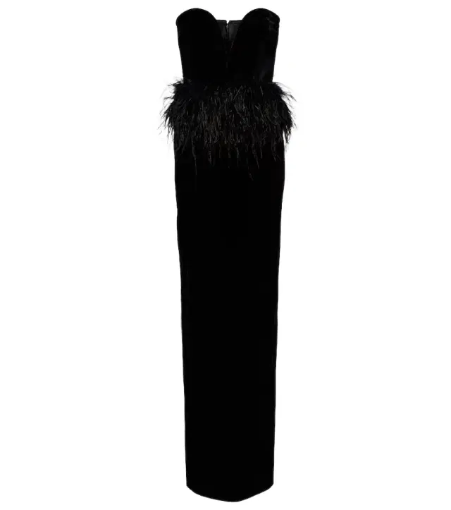 The New Arrivals Ilkyaz Ozel Feather-trimmed strapless velvet gown