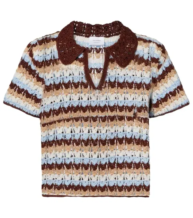 Crochet striped cotton polo shirt