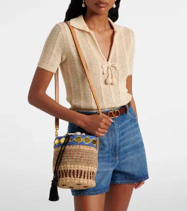 Valentino Garavani VLogo Small embellished raffia-effect bucket bag | Thumbnail 6 Valentino Garavani VLogo Small embellished raffia-effect bucket bag | Thumbnail 6