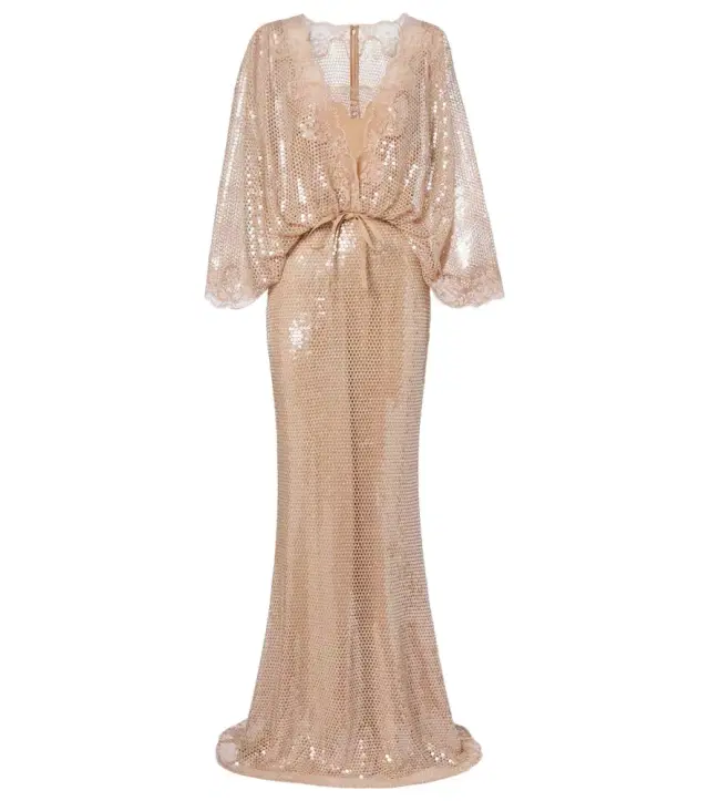 Lace-trimmed sequined mesh gown