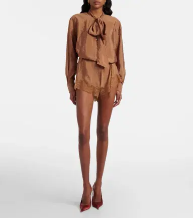 Saint Laurent Lace-trimmed tie-neck romper | Thumbnail 6