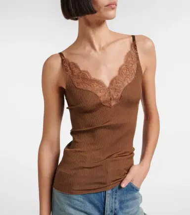 Saint Laurent Lace-trimmed ribbed-knit silk tank top | Thumbnail 3 Saint Laurent Lace-trimmed ribbed-knit silk tank top | Thumbnail 3