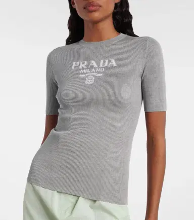 Prada Logo ribbed-trim silk T-shirt | Thumbnail 2 Prada Logo ribbed-trim silk T-shirt | Thumbnail 2