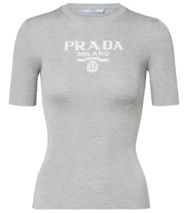 Prada Logo ribbed-trim silk T-shirt | Thumbnail 1 Prada Logo ribbed-trim silk T-shirt | Thumbnail 1