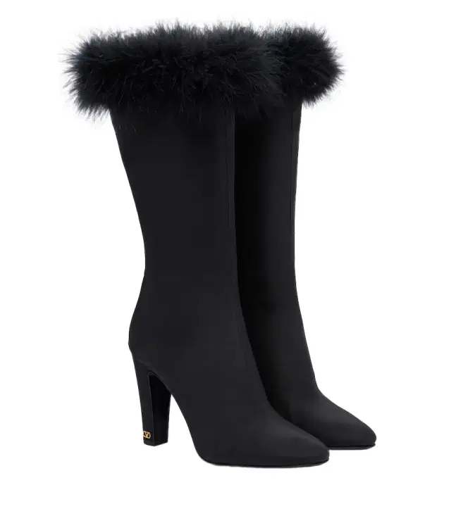 Valentino Garavani Hotty feather-trimmed satin knee-high boots