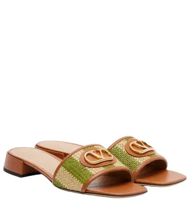 Valentino Garavani VLogo leather-trimmed raffia slides | Thumbnail 1