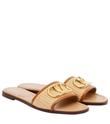 Valentino Garavani VLogo leather-trimmed raffia slides | Thumbnail 1