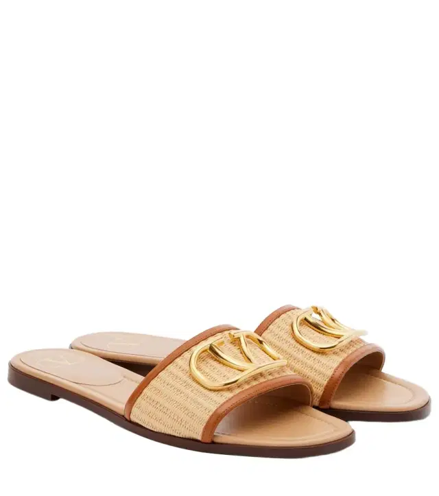 Valentino Garavani VLogo leather-trimmed raffia slides