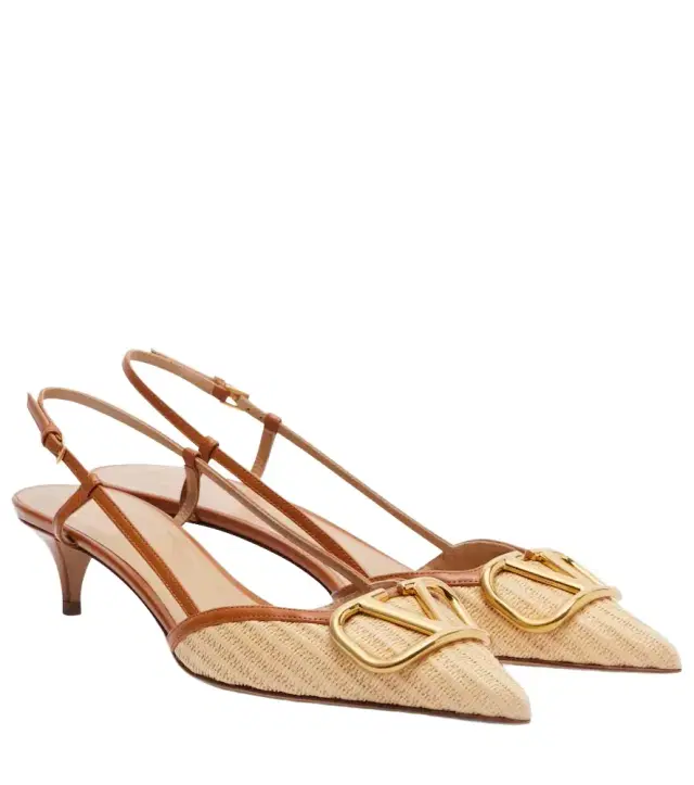 Valentino Garavani VLogo leather-trimmed raffia slingback pumps