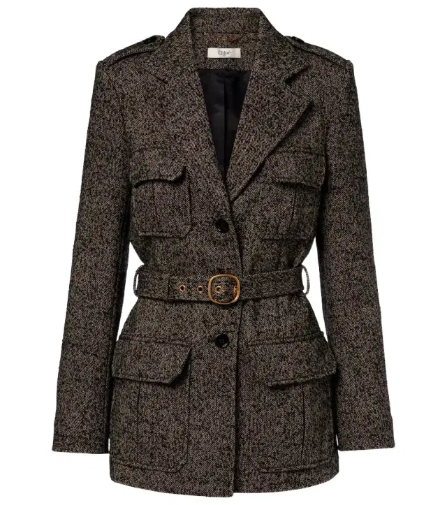 Chloe Chloé Belted herringbone wool-blend coat