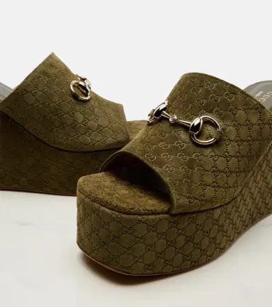 Gucci Horsebit GG suede wedge mules | Thumbnail 2 Gucci Horsebit GG suede wedge mules | Thumbnail 2
