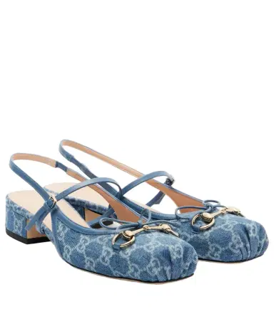 Gucci Horsebit GG denim slingback pumps | Thumbnail 1 Gucci Horsebit GG denim slingback pumps | Thumbnail 1