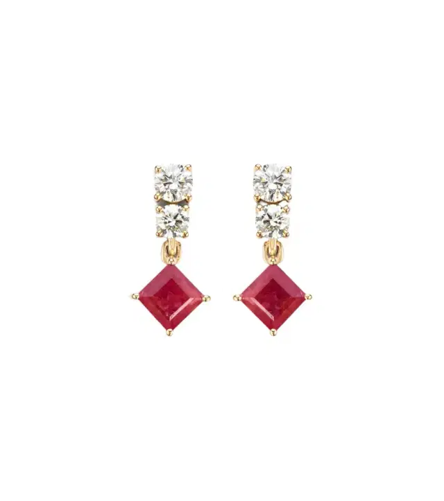 14kt gold earrings with diamonds, pink sapphire, and ruby