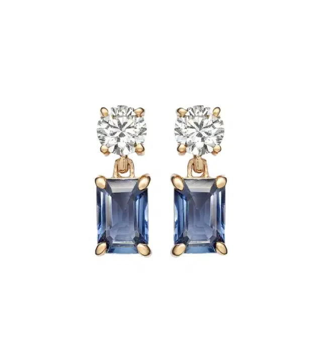 Full Volume 14kt gold earrings with diamonds and blue sapphires
