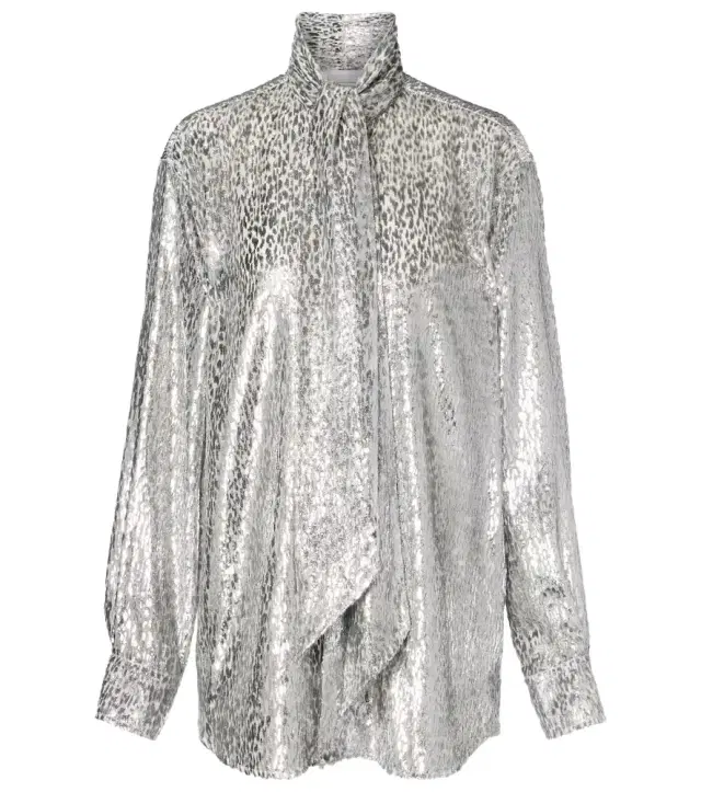 Leopard-print scarf-detail lamé shirt