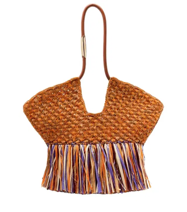 Goldentime Medium fringed raffia tote bag