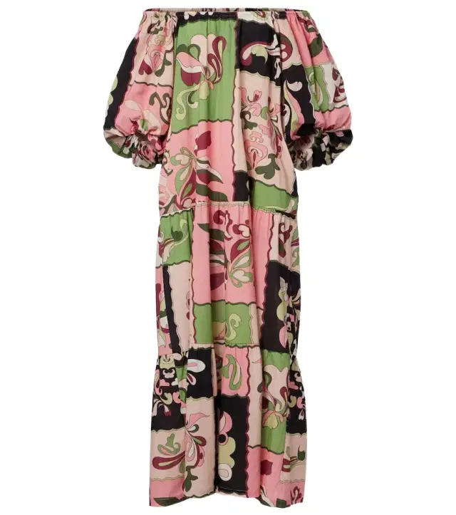 ADRIANA DEGREAS Printed off-shoulder cotton maxi dress