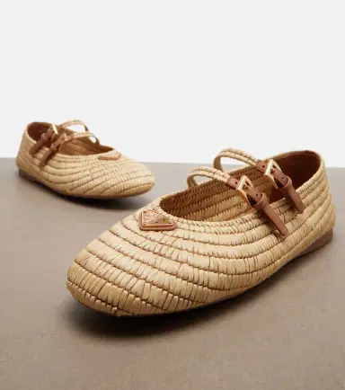 Prada Crochet raffia-effect Mary Jane flats | Thumbnail 3