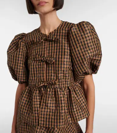 Ganni Bow-detail checked peplum blouse | Thumbnail 2