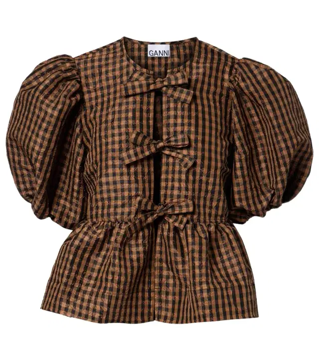 Ganni Bow-detail checked peplum blouse