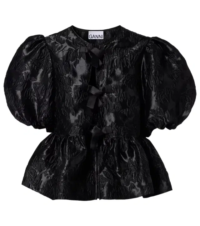 Ganni Bow-detail floral peplum satin blouse