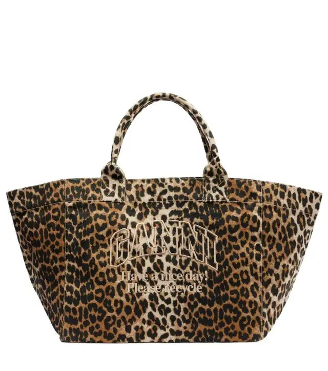 Ganni Large leopard-print canvas tote bag