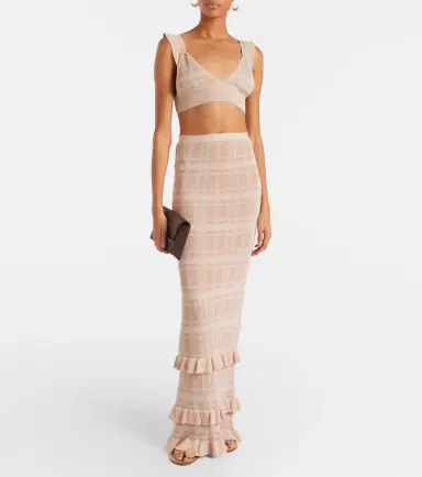 Bananhot Petra checked ribbed-knit ruffled pencil skirt | Thumbnail 6